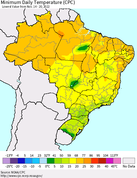 Brazil Minimum Daily Temperature (CPC) Thematic Map For 11/14/2022 - 11/20/2022