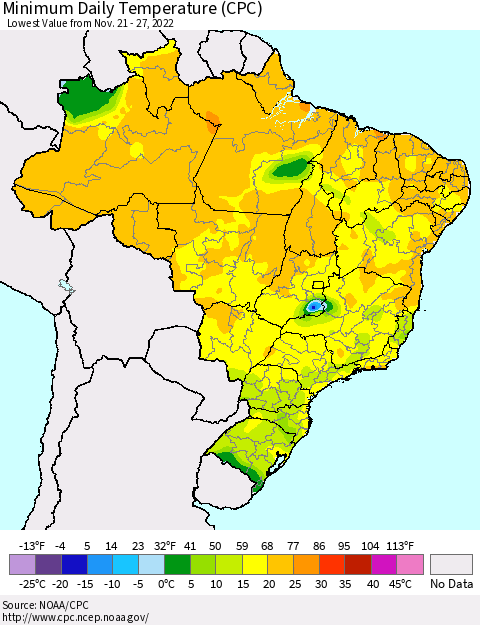 Brazil Minimum Daily Temperature (CPC) Thematic Map For 11/21/2022 - 11/27/2022