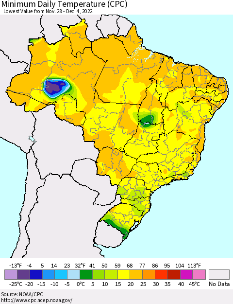 Brazil Minimum Daily Temperature (CPC) Thematic Map For 11/28/2022 - 12/4/2022