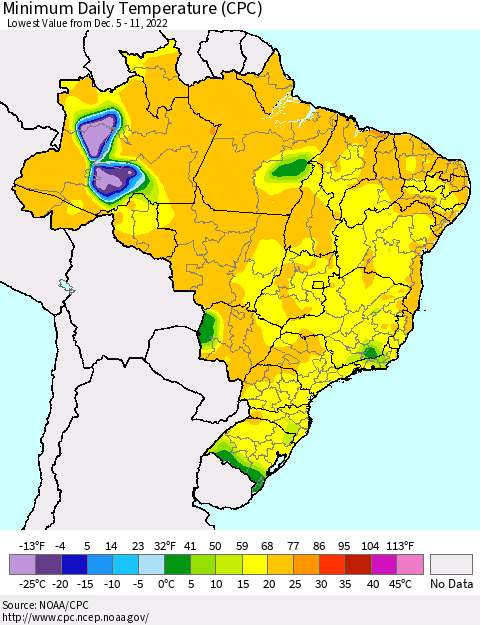 Brazil Minimum Daily Temperature (CPC) Thematic Map For 12/5/2022 - 12/11/2022