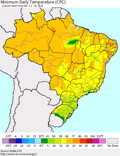 Brazil Minimum Daily Temperature (CPC) Thematic Map For 12/12/2022 - 12/18/2022