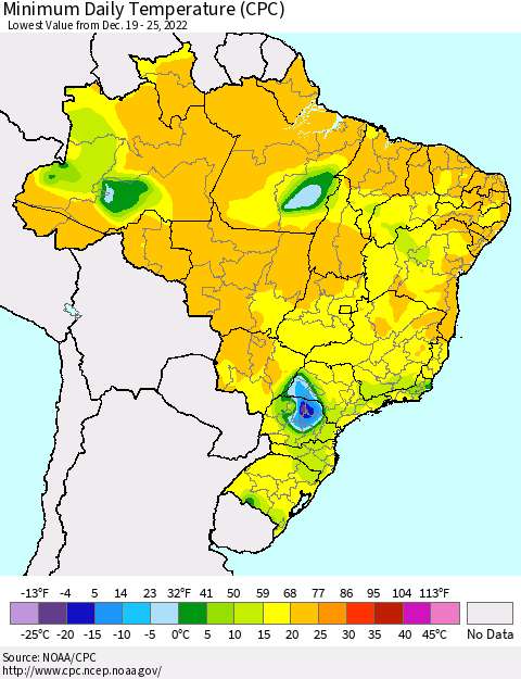 Brazil Minimum Daily Temperature (CPC) Thematic Map For 12/19/2022 - 12/25/2022