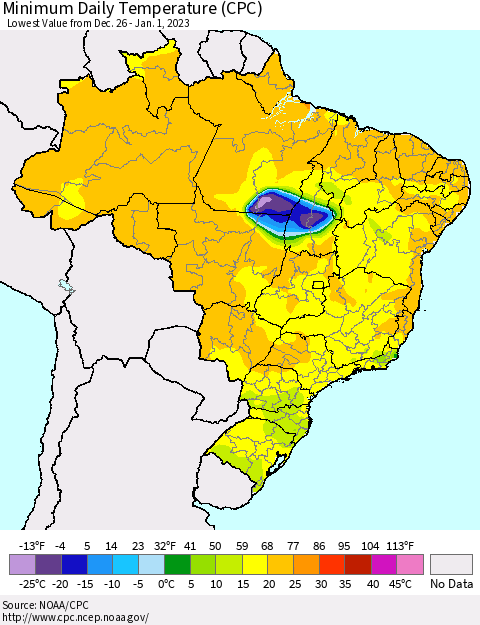 Brazil Minimum Daily Temperature (CPC) Thematic Map For 12/26/2022 - 1/1/2023