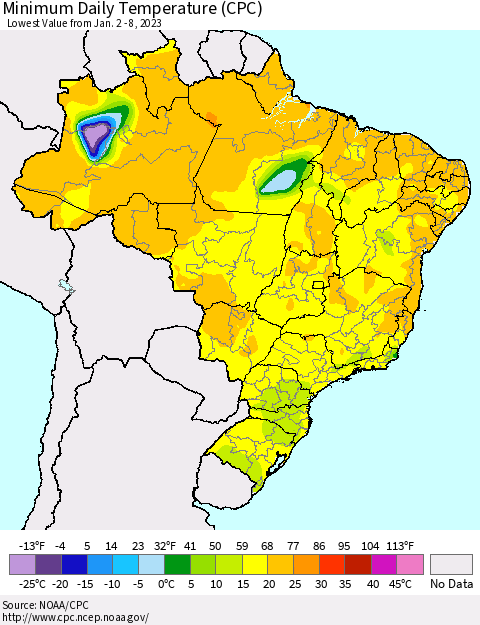 Brazil Minimum Daily Temperature (CPC) Thematic Map For 1/2/2023 - 1/8/2023