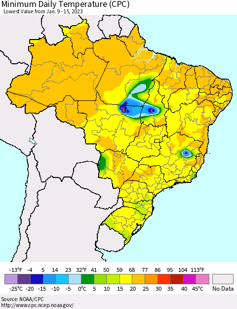 Brazil Minimum Daily Temperature (CPC) Thematic Map For 1/9/2023 - 1/15/2023