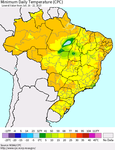 Brazil Minimum Daily Temperature (CPC) Thematic Map For 1/16/2023 - 1/22/2023