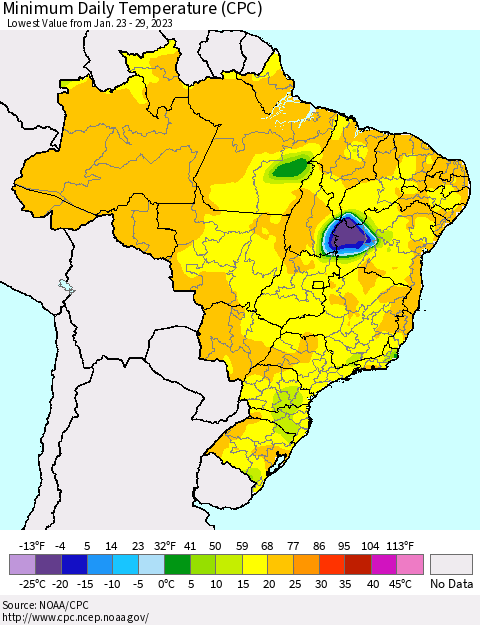 Brazil Minimum Daily Temperature (CPC) Thematic Map For 1/23/2023 - 1/29/2023