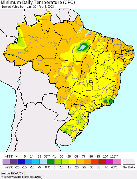 Brazil Minimum Daily Temperature (CPC) Thematic Map For 1/30/2023 - 2/5/2023