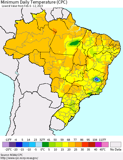 Brazil Minimum Daily Temperature (CPC) Thematic Map For 2/6/2023 - 2/12/2023