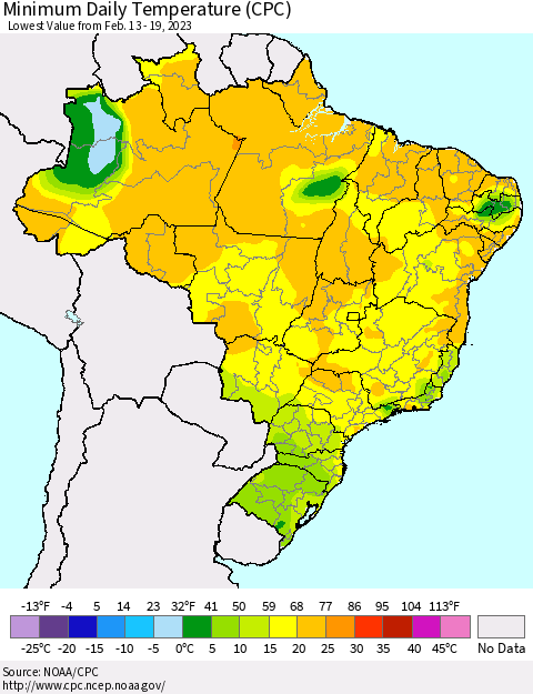 Brazil Minimum Daily Temperature (CPC) Thematic Map For 2/13/2023 - 2/19/2023