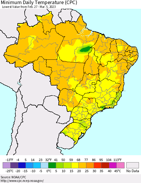 Brazil Minimum Daily Temperature (CPC) Thematic Map For 2/27/2023 - 3/5/2023