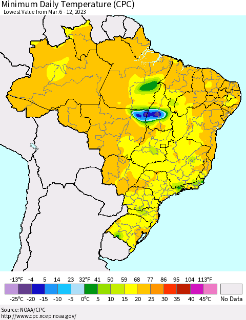 Brazil Minimum Daily Temperature (CPC) Thematic Map For 3/6/2023 - 3/12/2023