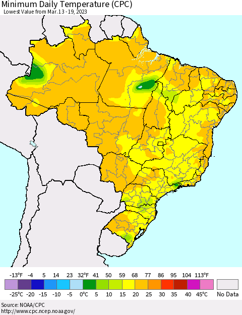 Brazil Minimum Daily Temperature (CPC) Thematic Map For 3/13/2023 - 3/19/2023