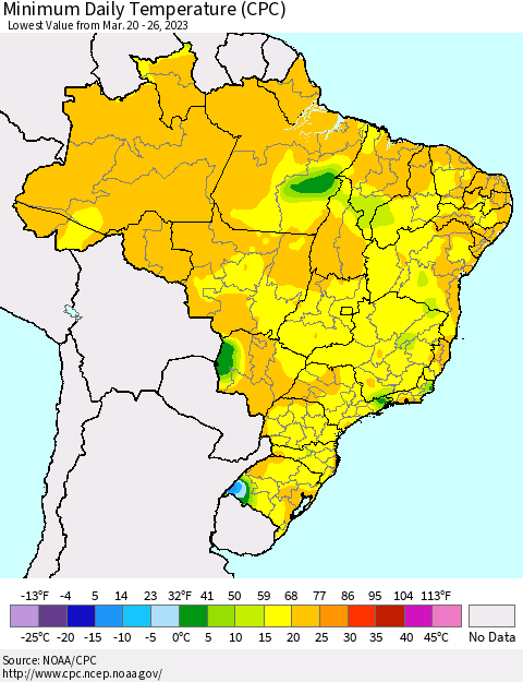 Brazil Minimum Daily Temperature (CPC) Thematic Map For 3/20/2023 - 3/26/2023
