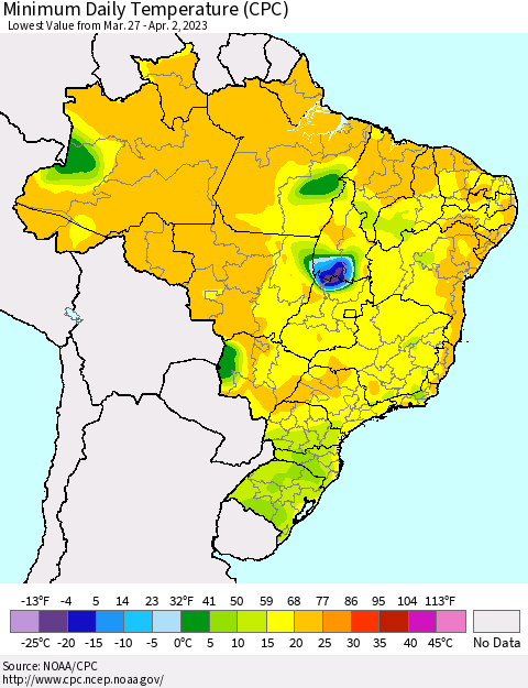 Brazil Minimum Daily Temperature (CPC) Thematic Map For 3/27/2023 - 4/2/2023