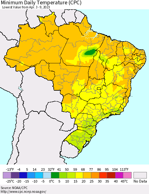 Brazil Minimum Daily Temperature (CPC) Thematic Map For 4/3/2023 - 4/9/2023