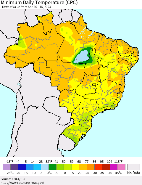 Brazil Minimum Daily Temperature (CPC) Thematic Map For 4/10/2023 - 4/16/2023