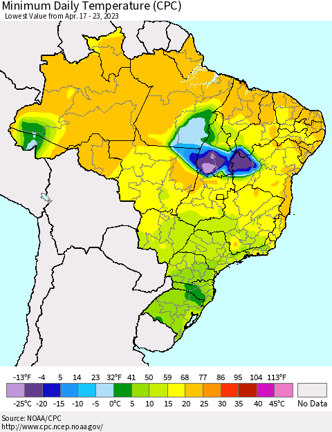 Brazil Minimum Daily Temperature (CPC) Thematic Map For 4/17/2023 - 4/23/2023