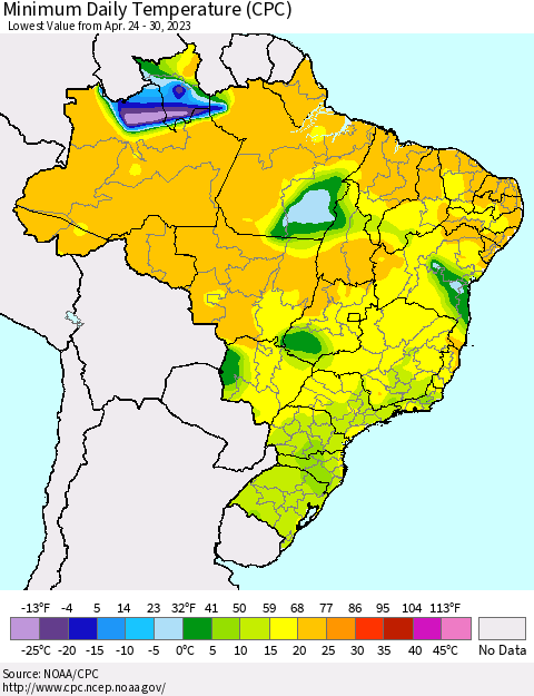 Brazil Minimum Daily Temperature (CPC) Thematic Map For 4/24/2023 - 4/30/2023