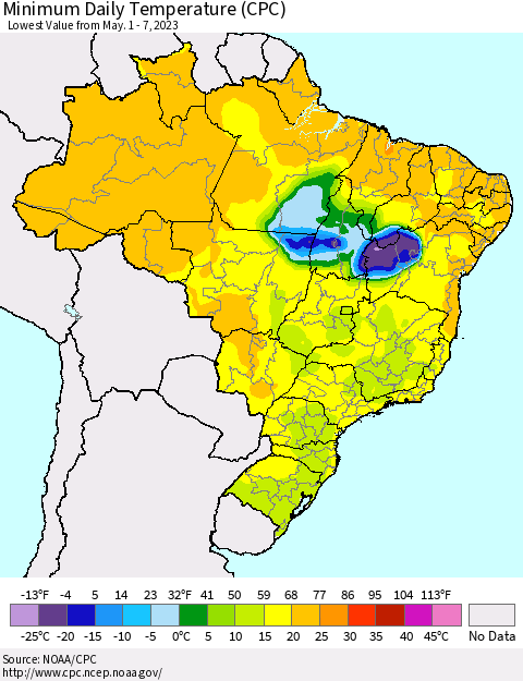 Brazil Minimum Daily Temperature (CPC) Thematic Map For 5/1/2023 - 5/7/2023