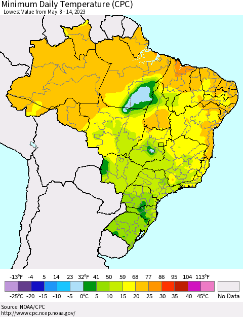 Brazil Minimum Daily Temperature (CPC) Thematic Map For 5/8/2023 - 5/14/2023