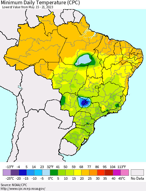 Brazil Minimum Daily Temperature (CPC) Thematic Map For 5/15/2023 - 5/21/2023