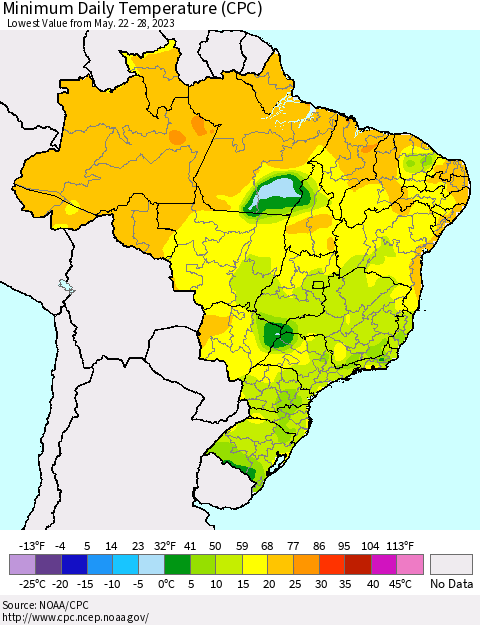 Brazil Minimum Daily Temperature (CPC) Thematic Map For 5/22/2023 - 5/28/2023
