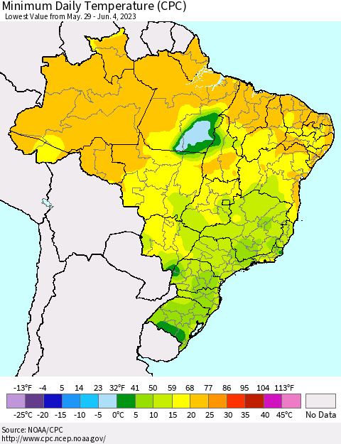 Brazil Minimum Daily Temperature (CPC) Thematic Map For 5/29/2023 - 6/4/2023