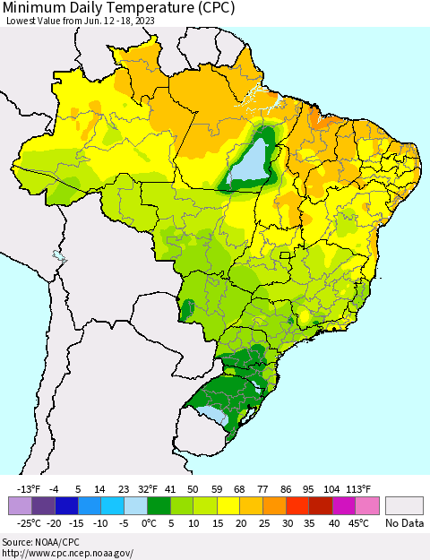Brazil Minimum Daily Temperature (CPC) Thematic Map For 6/12/2023 - 6/18/2023