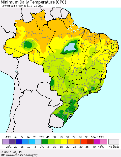 Brazil Minimum Daily Temperature (CPC) Thematic Map For 6/19/2023 - 6/25/2023