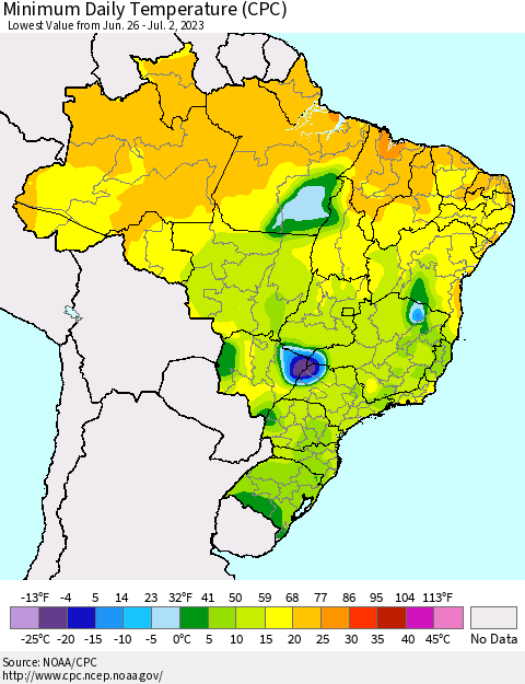 Brazil Minimum Daily Temperature (CPC) Thematic Map For 6/26/2023 - 7/2/2023