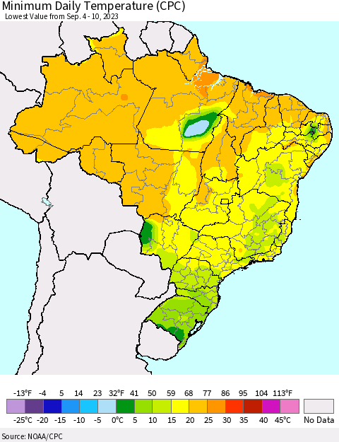 Brazil Minimum Daily Temperature (CPC) Thematic Map For 9/4/2023 - 9/10/2023
