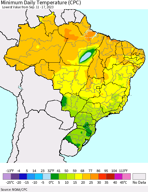 Brazil Minimum Daily Temperature (CPC) Thematic Map For 9/11/2023 - 9/17/2023