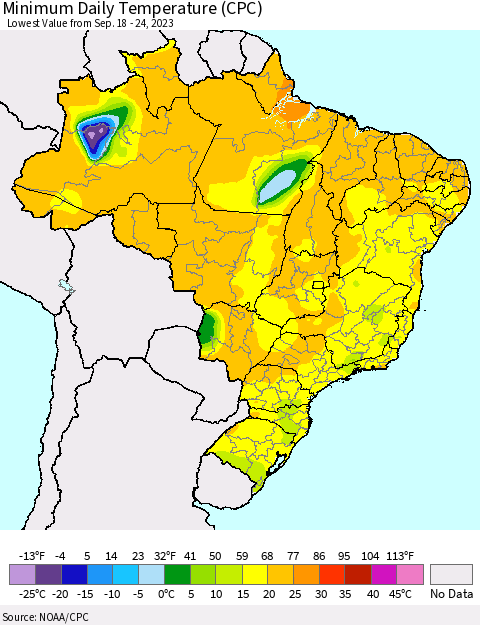 Brazil Minimum Daily Temperature (CPC) Thematic Map For 9/18/2023 - 9/24/2023