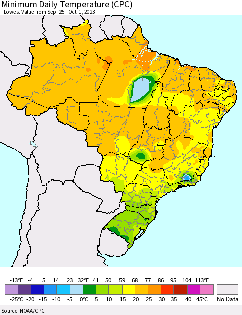 Brazil Minimum Daily Temperature (CPC) Thematic Map For 9/25/2023 - 10/1/2023