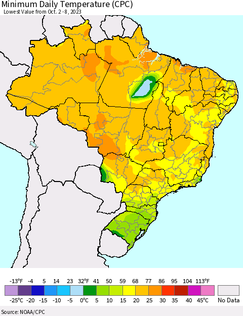 Brazil Minimum Daily Temperature (CPC) Thematic Map For 10/2/2023 - 10/8/2023