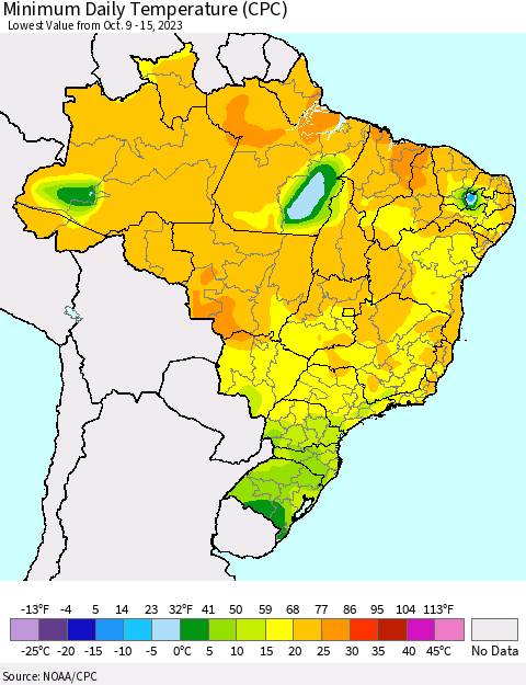 Brazil Minimum Daily Temperature (CPC) Thematic Map For 10/9/2023 - 10/15/2023