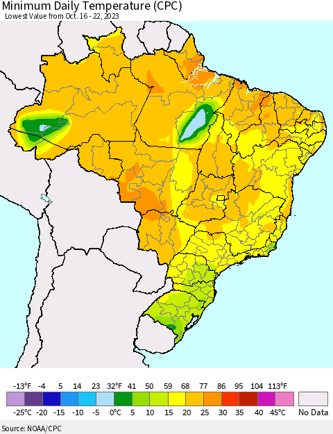 Brazil Minimum Daily Temperature (CPC) Thematic Map For 10/16/2023 - 10/22/2023