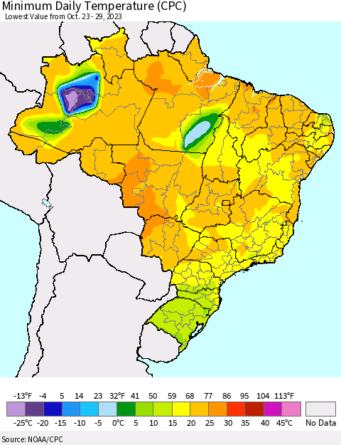 Brazil Minimum Daily Temperature (CPC) Thematic Map For 10/23/2023 - 10/29/2023