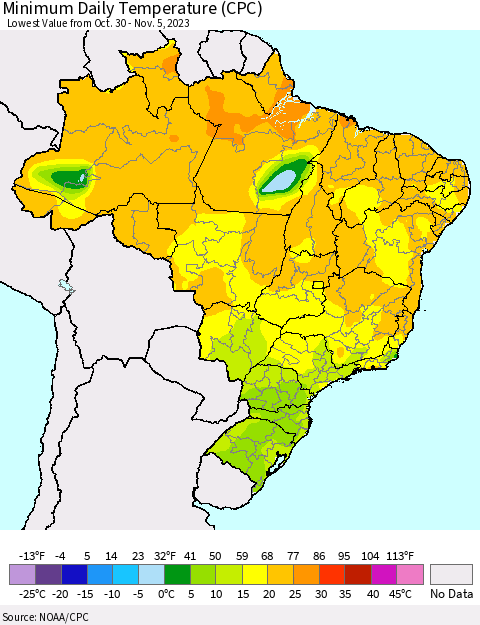 Brazil Minimum Daily Temperature (CPC) Thematic Map For 10/30/2023 - 11/5/2023