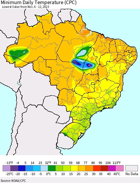 Brazil Minimum Daily Temperature (CPC) Thematic Map For 11/6/2023 - 11/12/2023
