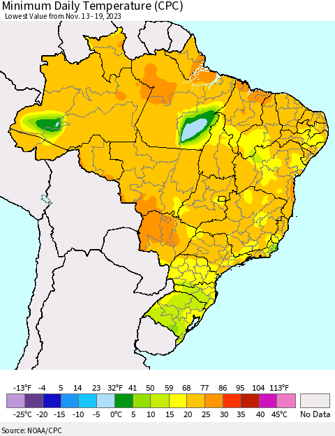Brazil Minimum Daily Temperature (CPC) Thematic Map For 11/13/2023 - 11/19/2023