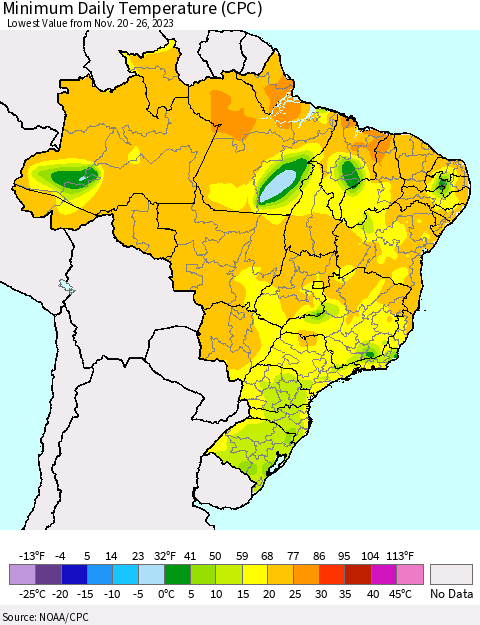 Brazil Minimum Daily Temperature (CPC) Thematic Map For 11/20/2023 - 11/26/2023