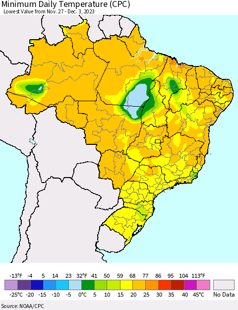 Brazil Minimum Daily Temperature (CPC) Thematic Map For 11/27/2023 - 12/3/2023
