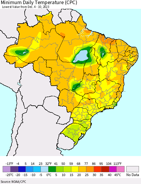 Brazil Minimum Daily Temperature (CPC) Thematic Map For 12/4/2023 - 12/10/2023