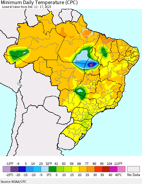 Brazil Minimum Daily Temperature (CPC) Thematic Map For 12/11/2023 - 12/17/2023