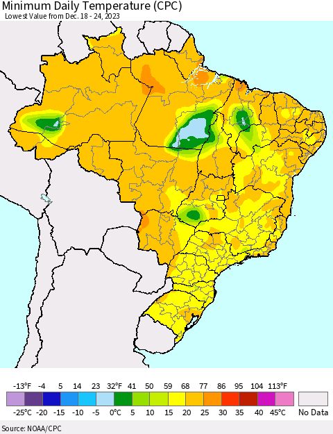 Brazil Minimum Daily Temperature (CPC) Thematic Map For 12/18/2023 - 12/24/2023