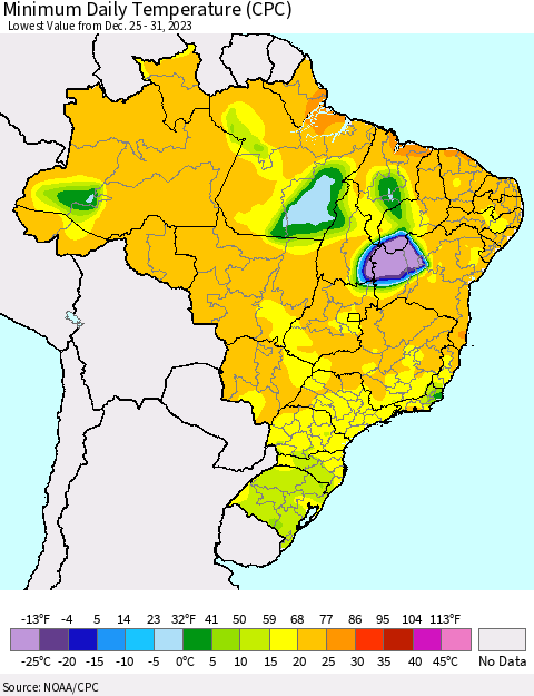 Brazil Minimum Daily Temperature (CPC) Thematic Map For 12/25/2023 - 12/31/2023