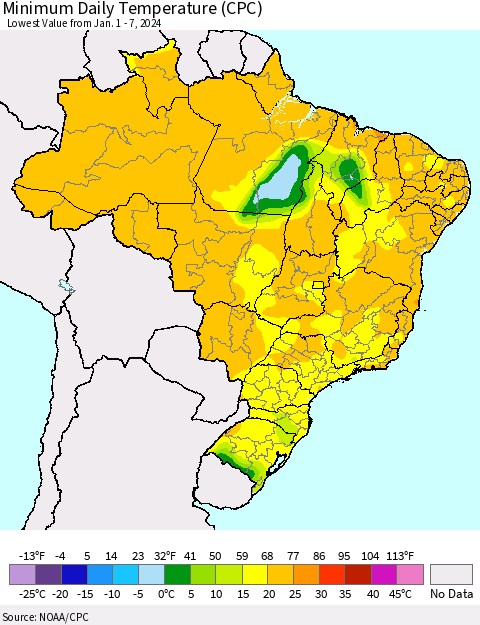 Brazil Minimum Daily Temperature (CPC) Thematic Map For 1/1/2024 - 1/7/2024
