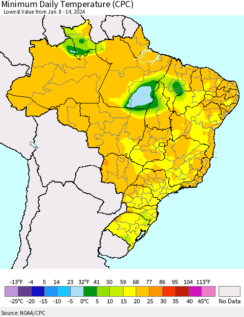 Brazil Minimum Daily Temperature (CPC) Thematic Map For 1/8/2024 - 1/14/2024